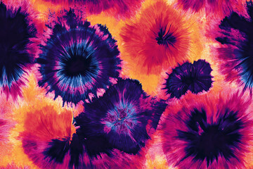 A vibrant tie dye pattern featuring circular bursts of color in shades of purple orange and pink