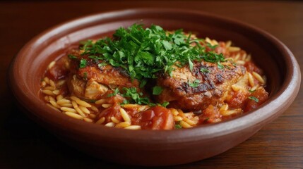 Fototapeta premium Bowl of food on a wooden table. the bowl is made of clay and has a brown color.