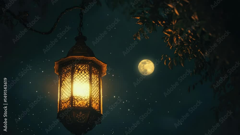 Poster a lantern hangs from a tree branch, illuminated by a bright full moon