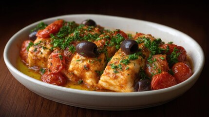 Fototapeta premium Plate of food, specifically a dish of chicken with tomatoes and olives. the dish is served in a white oval-shaped dish with a wooden table in the background.