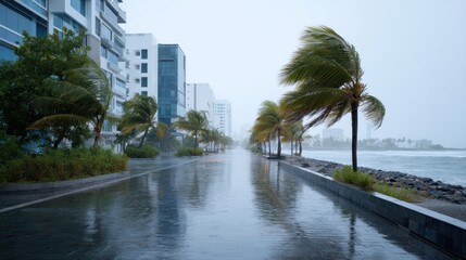 Flooded Coastal City Street During Hurricane with Strong Winds and Heavy Rain Palm Trees Bending Urban Climate Crisis and Tropical Storm Disaster Scene