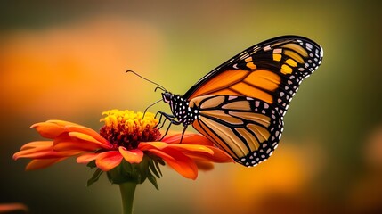 Obraz premium A vibrant butterfly rests delicately on a colorful flower in a detailed close-up shot.