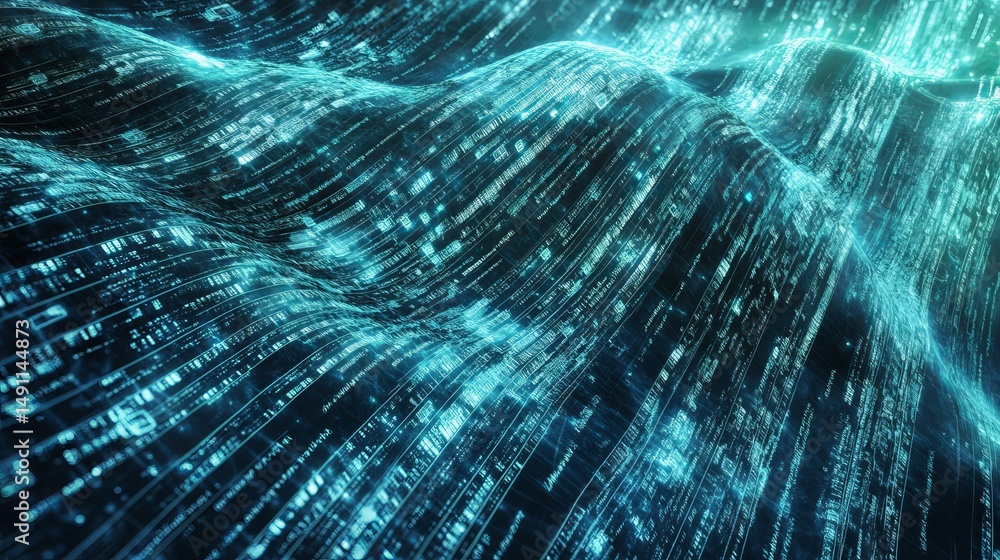 Poster abstract digital wave teal green binary code data flow background neon blue cyber lines waves future