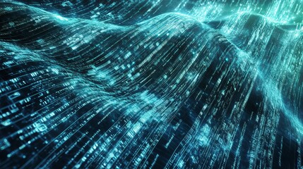 Abstract Digital Wave Teal Green Binary Code Data Flow Background Neon Blue Cyber Lines Waves Future