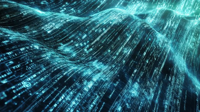 Abstract Digital Wave Teal Green Binary Code Data Flow Background Neon Blue Cyber Lines Waves Future