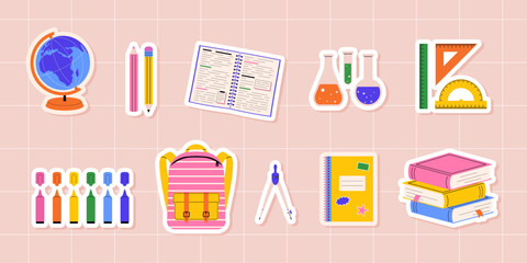Colorful school supply stickers including books, pencils, backpacks, and rulers. Vector illustration for education, kids, and back to school design projects