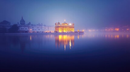 Naklejka premium Golden temple reflection serene twilight mist