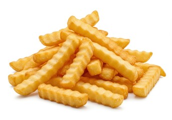 Pile of golden crinkle cut french fries isolated on a white background