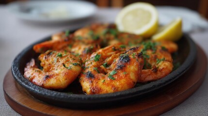 Fototapeta premium Plate of grilled shrimp in a black cast iron skillet. the shrimp are cooked to a golden brown color and appear to be seasoned with herbs and spices.