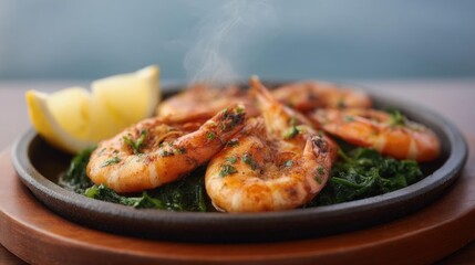 Fototapeta premium Plate of cooked shrimp on a bed of greens. the shrimp are orange in color and appear to be seasoned with herbs and spices. the plate is made of dark brown ceramic and is placed on a wooden table.