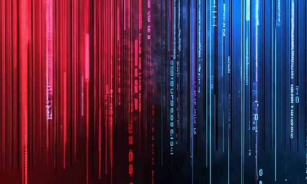 Abstract Digital Rain: Binary Code Cascade in Red and Blue Hues