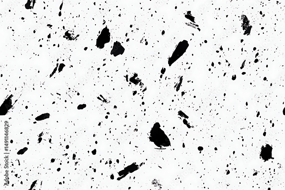 Poster a white background filled with black ink splatters of varying sizes and shapes scattered randomly ar