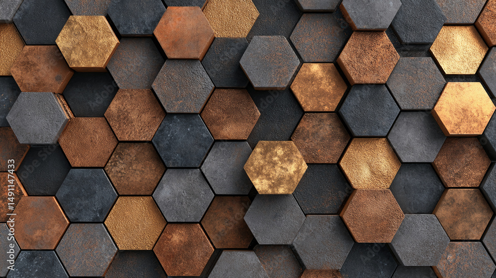Poster Abstract hexagon pattern in gold, bronze, and gray metallic tones Creates a modern, geometric texture Suitable for background or design element