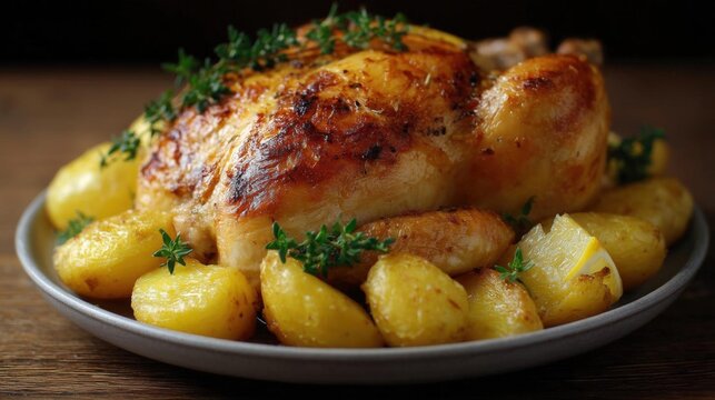 Plate of roasted chicken with potatoes. the chicken is golden brown and appears to be seasoned with herbs and spices. the potatoes are cut into small cubes and are arranged around the chicken. - Powered by Adobe