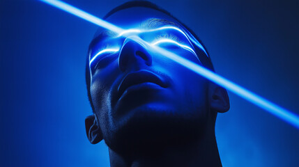 A man’s face illuminated by striking blue laser rays or beams.