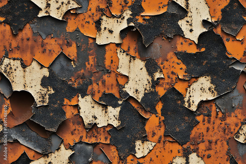 Poster a close up of peeling paint in shades of orange black and cream creating an abstract pattern