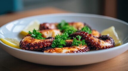 Fototapeta premium Plate of grilled octopus tentacles on a wooden table. the tentacles are cooked to a golden brown color and are garnished with fresh parsley.