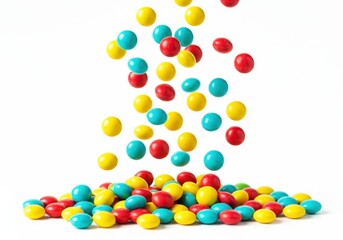 Fototapeta premium Colorful candies falling and piled on a white background