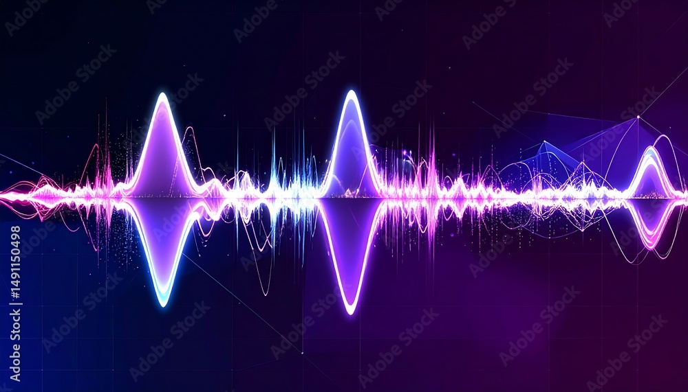 Poster dynamic abstract visualization of sound waves. neon pink and purple equalizer on dark background. pe