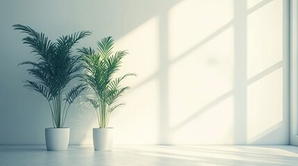 Sunlit minimalist space with tall white plant pots holding lush greenery.
 