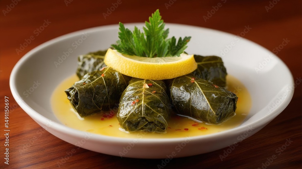 Poster plate of stuffed grape leaves with a lemon wedge on top. the grape leaves are arranged in a circular