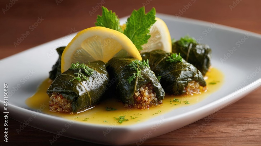 Poster plate of stuffed grape leaves with quinoa and herbs. the grape leaves are arranged in a circular pat