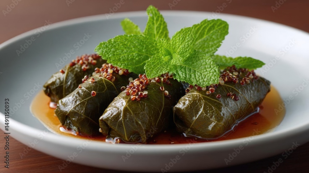 Poster plate of stuffed grape leaves with a sprig of mint on top. the grape leaves are arranged in a circul