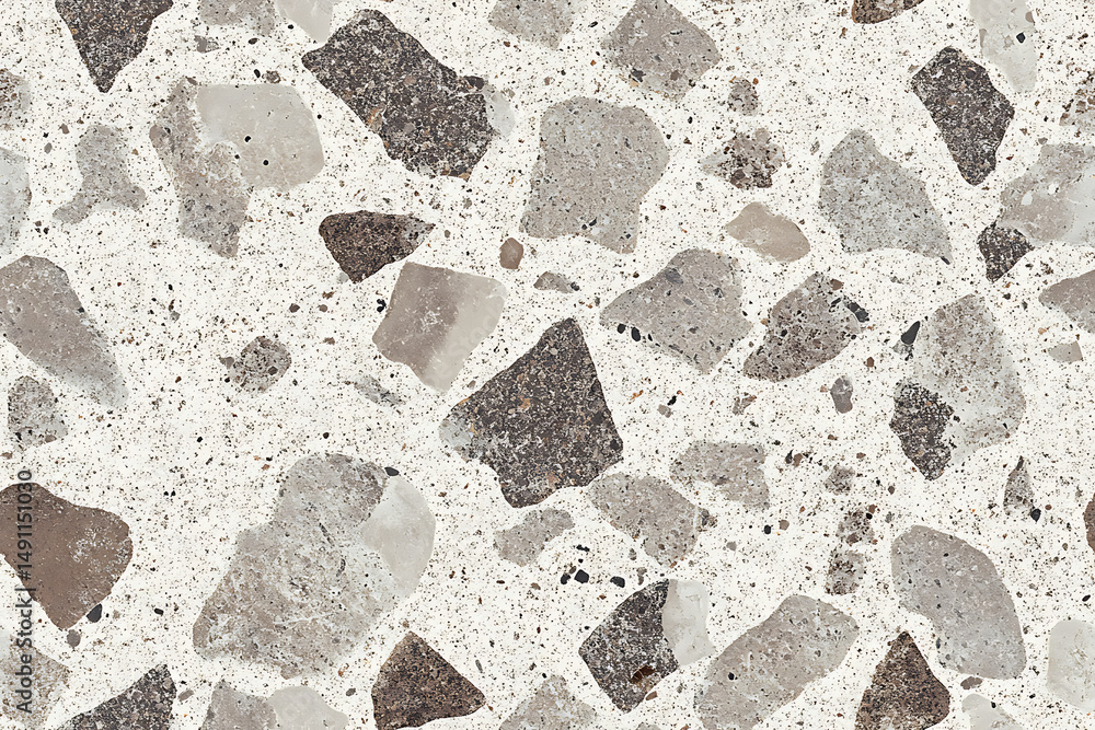 Poster close up of a terrazzo pattern with gray and brown stone chips on a white background surface texture