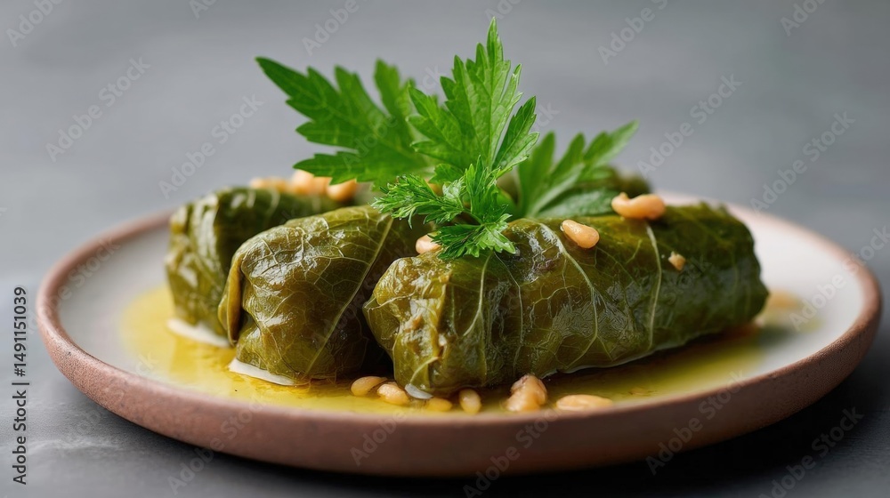 Poster plate of stuffed grape leaves with a sprig of parsley on top. the grape leaves are stuffed with a mi