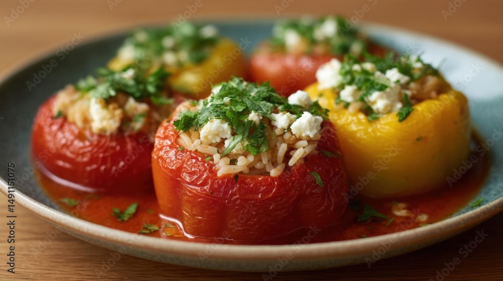 Poster plate of stuffed bell peppers. the peppers are red and yellow in color and are arranged in a circula