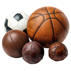 Vintage sports balls collection basketball football and antique ball photo on transparent background