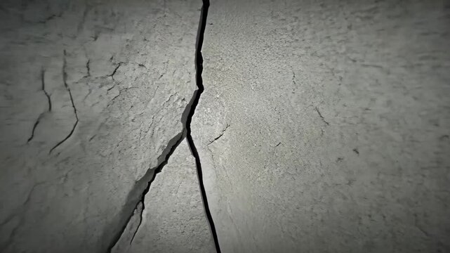 Close up detailed view of a fissure or split running through a textured rock or stone surface, symbolizing material stress, damage, or structural failure footage.