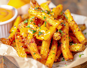 Cajun fries with hot and spicy sauce. AI