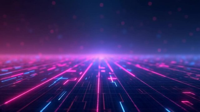 Abstract scene of futuristic cyber world, sci-fi grid, technology glowing surface, neon night scene, digital science background 4K animation, seamless loop, virtual reality concept