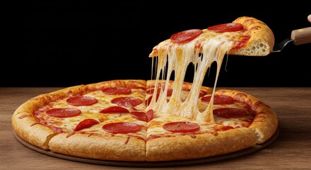 A slice of pepperoni pizza being lifted with cheese stretching on a wooden table with a black background