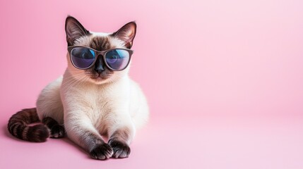 Stylish Siamese cat wearing sunglasses on a pastel pink background, perfect for humorous pet content, greeting cards, marketing, or playful animal-themed visuals