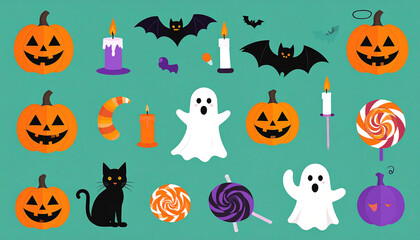 Fototapeta premium A teal background displays a collection of cheerful Halloween icons including jack-o'-lanterns, ghosts, bats, candles, candy, and a black cat