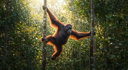 Orangutan climbing jungle trees