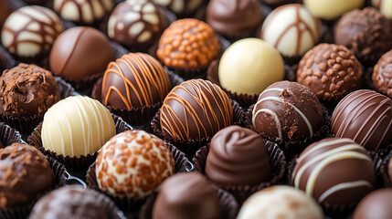 Assorted gourmet chocolate truffles displayed in elegant box close up delicious treat