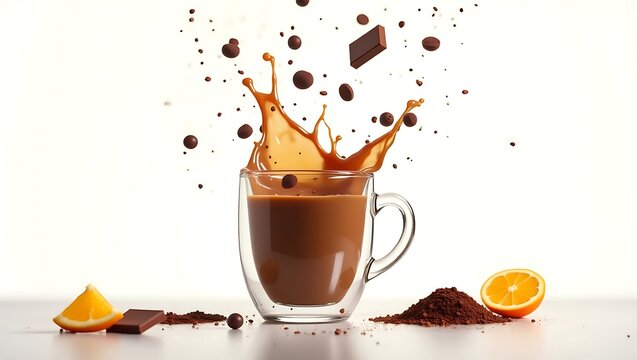 Hot mocha coffee with chocolate and cinnamon in a white mug