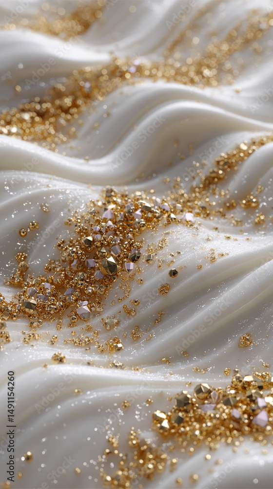 Poster white fabric texture with scattered gold and rose gold sequins, creating a luxurious and elegant app