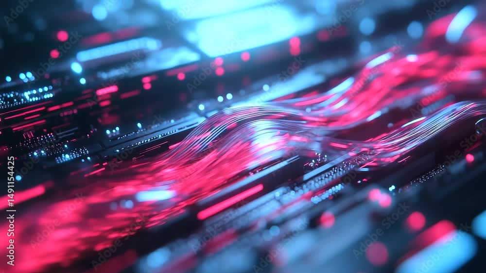 Poster a close-up of ultrathin glowing nanofiber cables weaving through a high-tech server rack, pulsating 