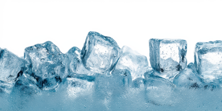 cold blue frozen ice cubes bottom border frame isolated on white or transparent png