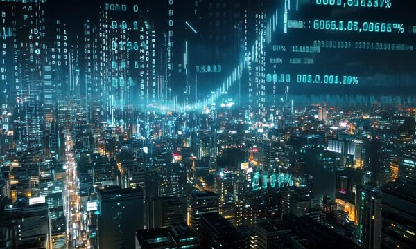 Cyber City Nightscape: Digital Rain Over Metropolis