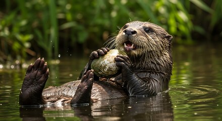 Otter holding food in water