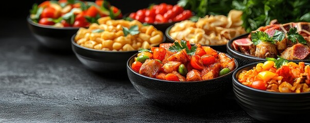 A vibrant array of pasta dishes, featuring various sauces and vegetables, are displayed in dark bowls on a textured surface