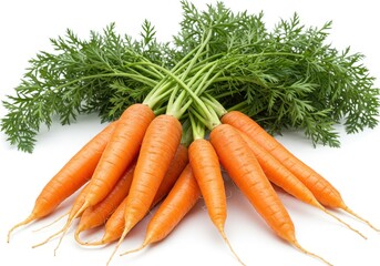 Bunch of fresh carrots with green leaves isolated on a white background