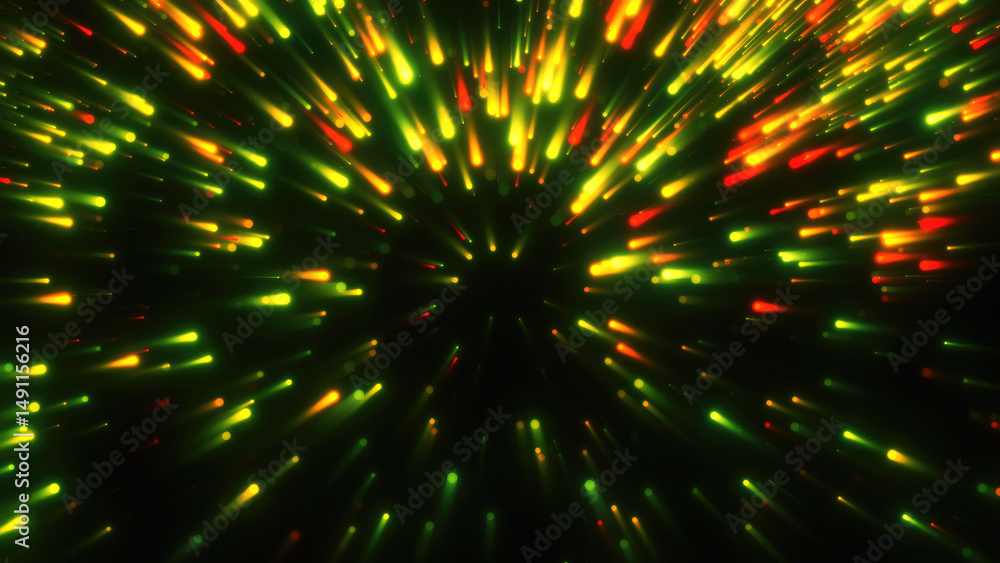 Poster abstract background with green and red light streaks converging to a center point, creating a futuri