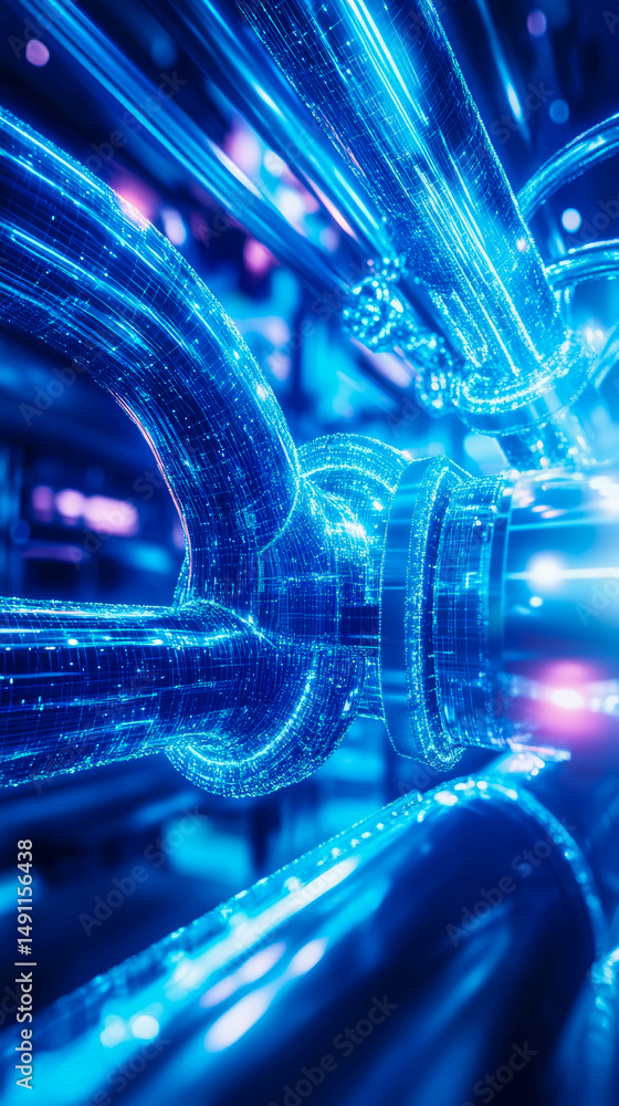 Poster abstract blue shiny tubes with connected mesh, representing network connection, data transfer or inf