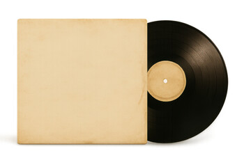Vintage vinyl record sliding partway out of minimal white album sleeve against transparent backdrop